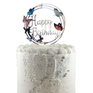 Round Butterfly decorated Happy Birthday Cake Topper | Silver
