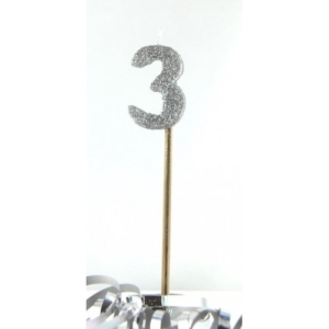 Number 3 Glitter Long Stem Candle | Available in Silver Gold Pink or Blue