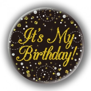 Holographic Badge | Happy Birthday | Sparkling Fizz | Black & Gold