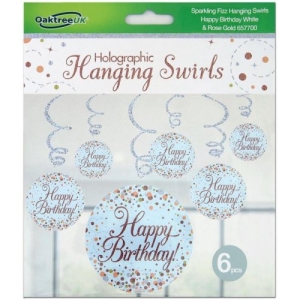 Holographic Hanging Swirls | Happy Birthday | Sparkling Fizz | Rose Gold & White