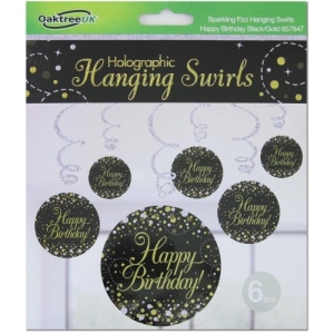 Holographic Hanging Swirls | Happy Birthday | Sparkling Fizz | Black & Gold